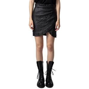 Zadig & Voltaire Black Julipe Crinkled 100% Leather Mini Skirt, wrap, size 42/XL